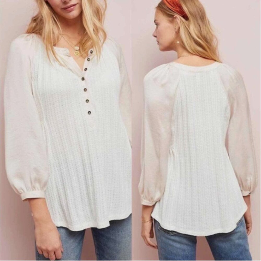 Meadow Rue Anthropologie Boho Henley Blouse Cream Pink Top Womens Size L NWT
